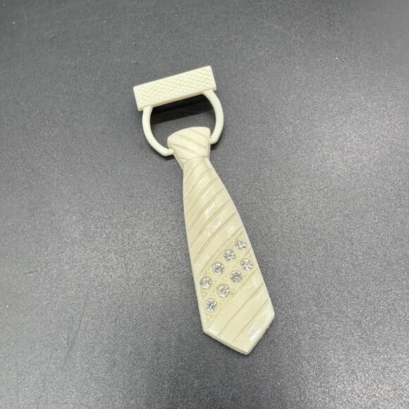 Jewelry - Vintage Brooch Pin Necktie Novelty Accessory Tie Cream Plastic Rhinestones Retro